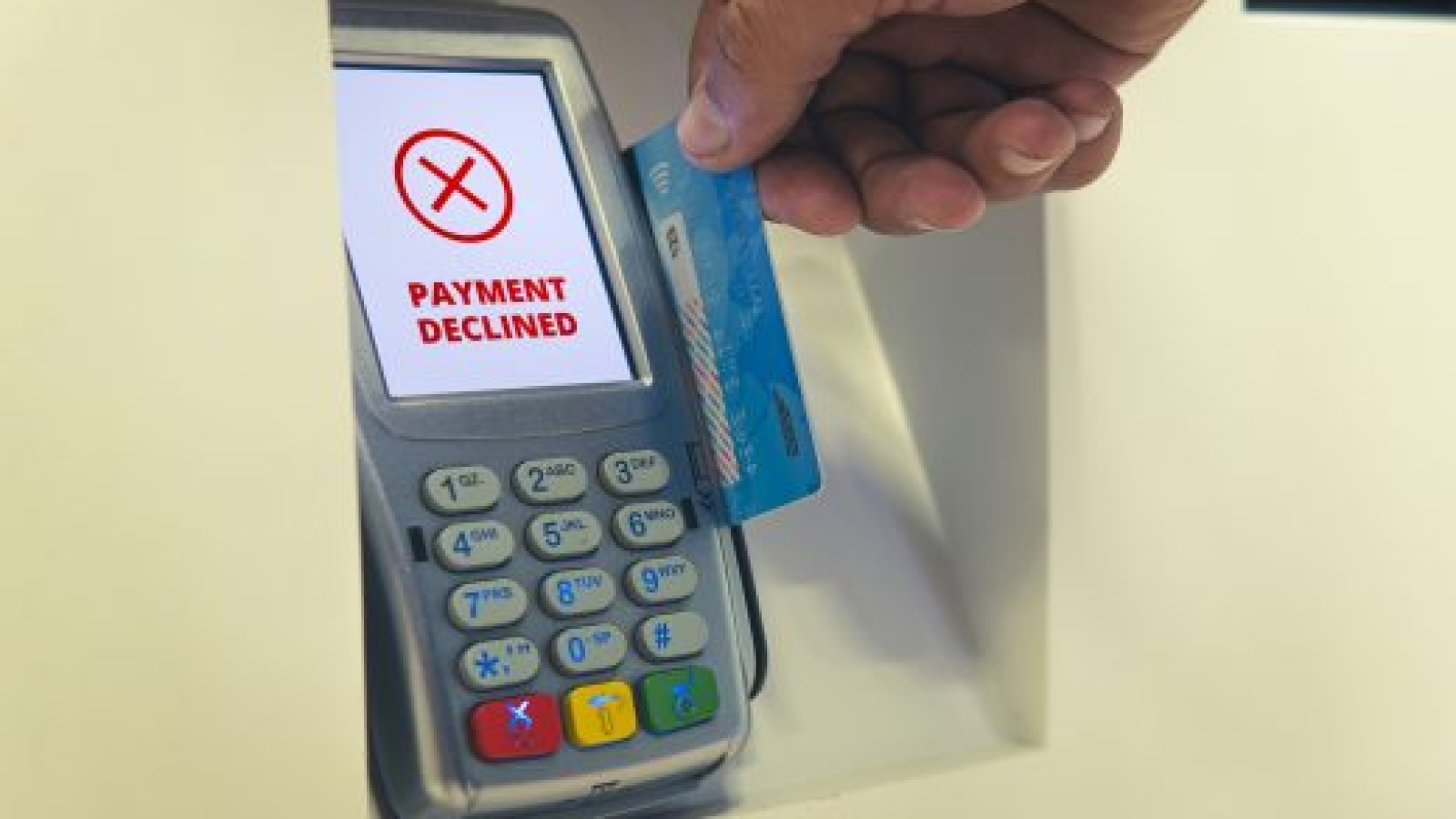Credit card swiping failed. The payment was rejected. Payment by card at the terminal. I ran out of money on my credit card. The debit card bank account is blocked. Concept.